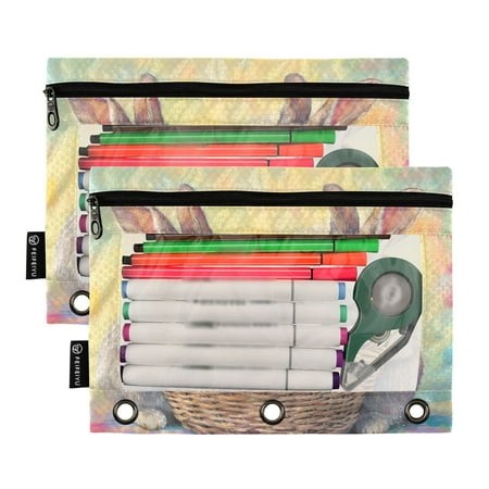 Ckdifva Easter Eggs Rabbits Pencil Pouch 3 Ring Zipper Pencil Case Binder Pockets Clear Top Cosmetic Bag 2 Pack