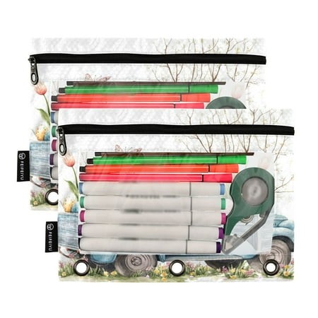 Ckdifva Blue Truck Easter Eggs Pencil Pouch 3 Ring Zipper Pencil Case Binder Pockets Clear Top Cosmetic Bag 2 Pack