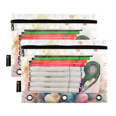 Ckdifva Easter Eggs Bunnies Leaves Pencil Pouch 3 Ring Zipper Pencil Case Binder Pockets Clear Top Cosmetic Bag 2 Pack
