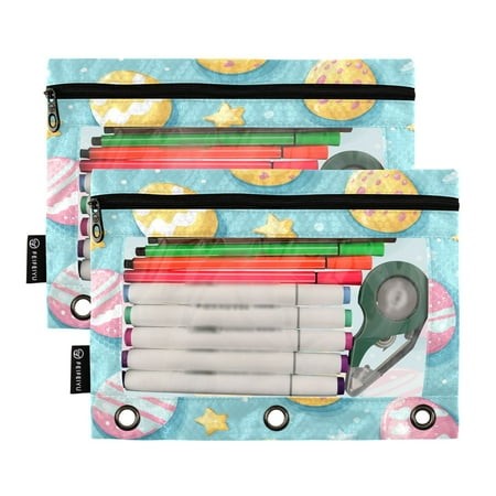 Ckdifva Easter Eggs in Blue Pencil Pouch 3 Ring Zipper Pencil Case Binder Pockets Clear Top Cosmetic Bag 2 Pack