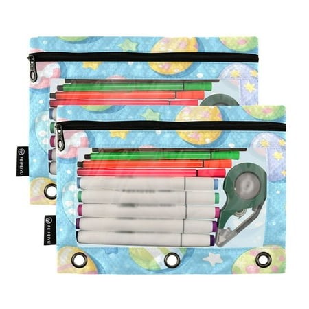 Ckdifva Easter Eggs Stars Pencil Pouch 3 Ring Zipper Pencil Case Binder Pockets Clear Top Cosmetic Bag 2 Pack