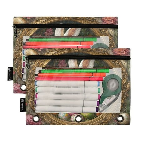 Ckdifva Rabbit Easter Eggs Flowers Pencil Pouch 3 Ring Zipper Pencil Case Binder Pockets Clear Top Cosmetic Bag 2 Pack