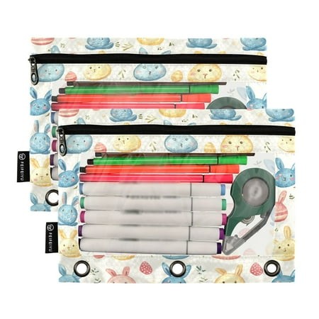 Ckdifva Easter Rabbits and Leaves Pencil Pouch 3 Ring Zipper Pencil Case Binder Pockets Clear Top Cosmetic Bag 2 Pack