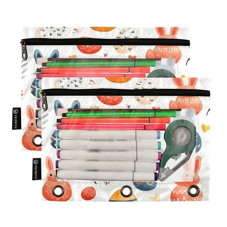 Ckdifva Easter Eggs with Rabbits Pencil Pouch 3 Ring Zipper Pencil Case Binder Pockets Clear Top Cosmetic Bag 2 Pack