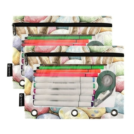 Ckdifva Easter Eggs Bunnies Pencil Pouch 3 Ring Zipper Pencil Case Binder Pockets Clear Top Cosmetic Bag 2 Pack