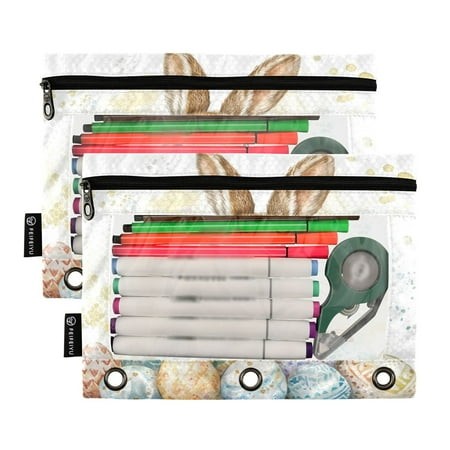 Ckdifva Bunny Easter Eggs Rabbit Pencil Pouch 3 Ring Zipper Pencil Case Binder Pockets Clear Top Cosmetic Bag 2 Pack