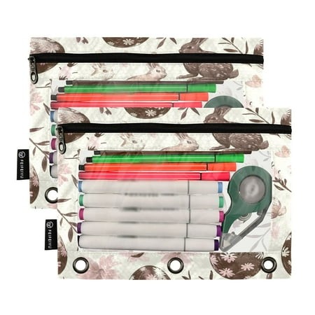 Ckdifva Chocolate Easter Eggs Rabbits Pencil Pouch 3 Ring Zipper Pencil Case Binder Pockets Clear Top Cosmetic Bag 2 Pack