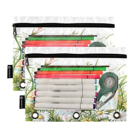 Ckdifva Easter Eggs Flowers Pencil Pouch 3 Ring Zipper Pencil Case Binder Pockets Clear Top Cosmetic Bag 2 Pack