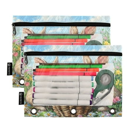 Ckdifva Easter Eggs and Rabbits Pencil Pouch 3 Ring Zipper Pencil Case Binder Pockets Clear Top Cosmetic Bag 2 Pack