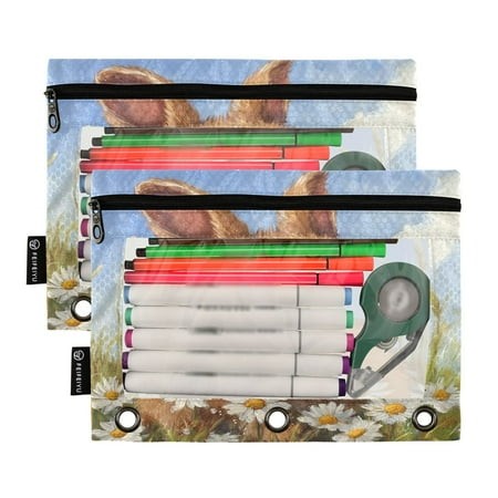 Ckdifva Easter Rabbit Flowers Daisy Pencil Pouch 3 Ring Zipper Pencil Case Binder Pockets Clear Top Cosmetic Bag 2 Pack