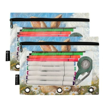 Ckdifva Easter Rabbit Flowers Pencil Pouch 3 Ring Zipper Pencil Case Binder Pockets Clear Top Cosmetic Bag 2 Pack