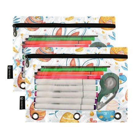 Ckdifva Easter Eggs Rabbits Leaves Pencil Pouch 3 Ring Zipper Pencil Case Binder Pockets Clear Top Cosmetic Bag 2 Pack