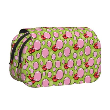 Sikiie Lips Blowing Bubble Gum Print Flip Double-layer Pencil Case  All-purpose Stationery Bag for Study and Office  Zipper Design  Unisex