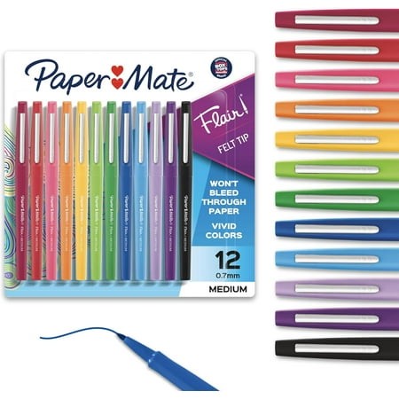 Flair Felt Tip Pens  Medium Point (0.7mm)  Assorted Colors  1 Pack of 12