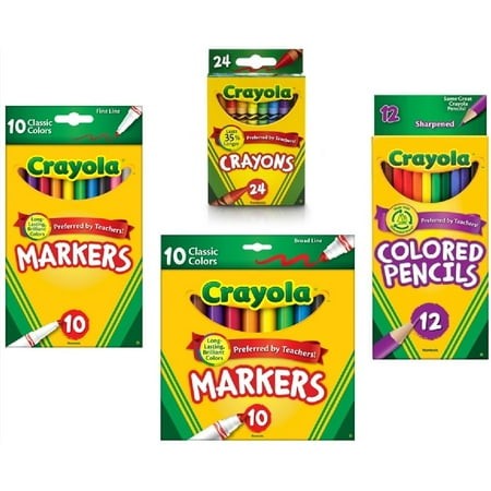 Crayola Crayons (24TRDN Count)  Colored Pencils in Assorted Colors (12 Count)  (10ct) Classic Fine Line Markers  and (10ct) Classic Broad Line Markers