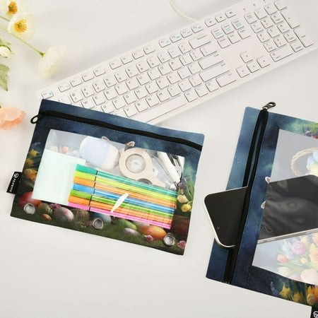 Rabbit Easter Eggs Flowers 2 Pack Pencil Pouches Zipper Pencil Case 3 Ring Pencil Pouch Cosmetic Bag