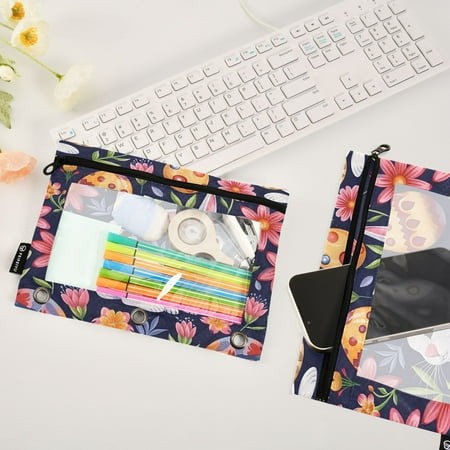 Rabbit Flowers Easter Eggs 2 Pack Pencil Pouches Zipper Pencil Case 3 Ring Pencil Pouch Cosmetic Bag
