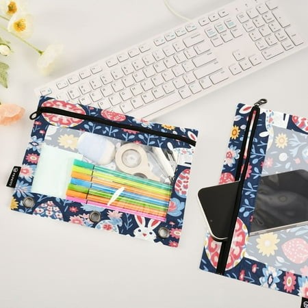Easter Eggs Flowers Leaves 2 Pack Pencil Pouches Zipper Pencil Case 3 Ring Pencil Pouch Cosmetic Bag