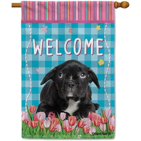 Dog Spring Summer Welcome House Flag French Bulldog Tulip Flowers Blue Buffalo Plaid Outside Yard Decor Flag Banner 28X40 Inch Double Side Style 9