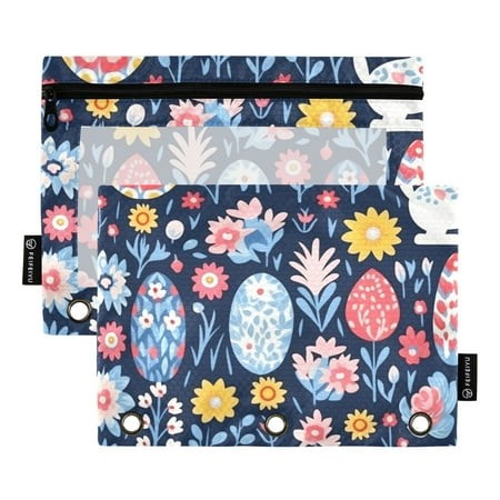 2 Pack Pencil Pouch for 3 Ring Binder Easter Eggs Floral Pencil Case Clear Window Zipper Pencil Bag Organizers