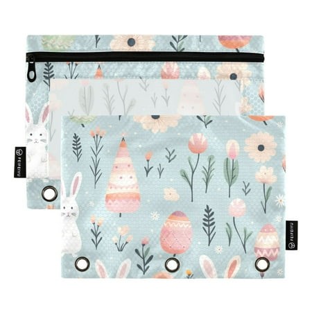 2 Pack Pencil Pouch for 3 Ring Binder Easter Cute Rabbits Eggs Pencil Case Clear Window Zipper Pencil Bag Organizers