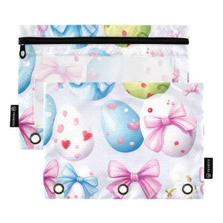2 Pack Pencil Pouch for 3 Ring Binder Easter Egg with Bow Tie Pencil Case Clear Window Zipper Pencil Bag Organizers