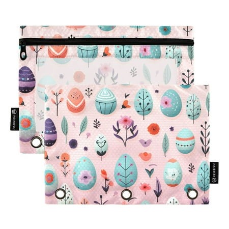 2 Pack Pencil Pouch for 3 Ring Binder Easter Eggs Pencil Case Clear Window Zipper Pencil Bag Organizers