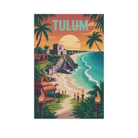 Tulum Vintage City Travel Poster with Torchlit Paths and Turquoise Water View Canvas Poster