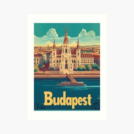 Kna Prints - Kir 4962 - This Retro Travel Poster Captures the Beauty of Budapest  Highlighting a Grand Building Near the River While a Boat Glides by.