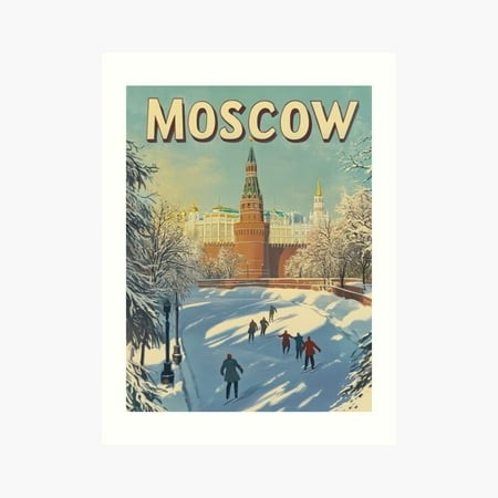 Kna Prints - Kir 4890 - the Poster Captures a Lively Winter Scene in Moscow  Featuring People Skating on a Frozen Surface with the Iconic Kremlin in t