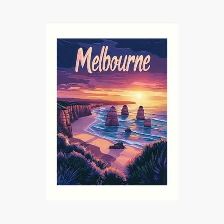 Kna Prints - Kir 4888 - the Scene Captures the Serene Coastline of Melbourne  Showcasing Majestic Rock Formations Against a Vibrant Sunset. Bold Color