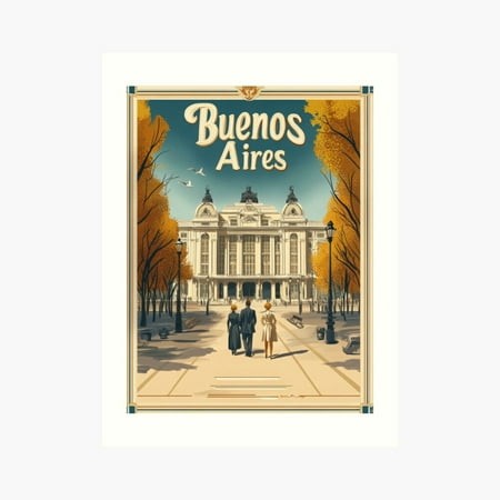 Kna Prints - Kir 4964 - This Retro Travel Poster Invites Viewers to Explore Buenos Aires  Featuring a Couple Walking Along a Picturesque Path Lined wi