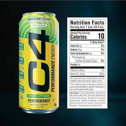Cellucor C4 Energy Carbonated Zero Sugar Energy Drink, Pre Workout Drink + Beta Alanine, Sour Gummy Splash, 16 Fl Oz (Pack of 12) thumbnail