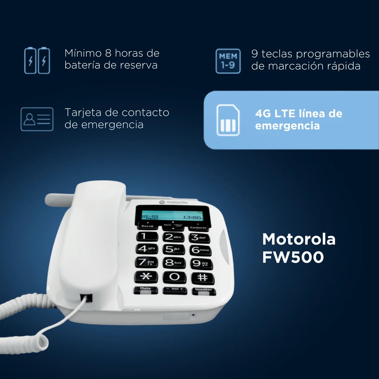 Teléfono De Emergencia FW500 Motorola - Batería De Reserva De 8 Horas - 9 Teclas De Marcación Rápida Programables - 4G LTE Respaldo De Emergencia thumbnail