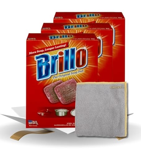 Brillo Heavy Duty Steel Wool Pads 10 Pc Bundle with Microfiber Cloth - Tough Grease and Grime Remover - Steel Wool Soap Pads for Heavy Duty Cleaning T