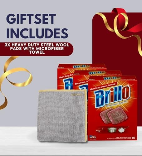 Brillo Heavy Duty Steel Wool Pads 10 Pc Bundle with Microfiber Cloth - Tough Grease and Grime Remover - Steel Wool Soap Pads for Heavy Duty Cleaning T thumbnail