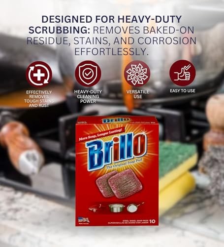 Brillo Heavy Duty Steel Wool Pads 10 Pc Bundle with Microfiber Cloth - Tough Grease and Grime Remover - Steel Wool Soap Pads for Heavy Duty Cleaning T thumbnail