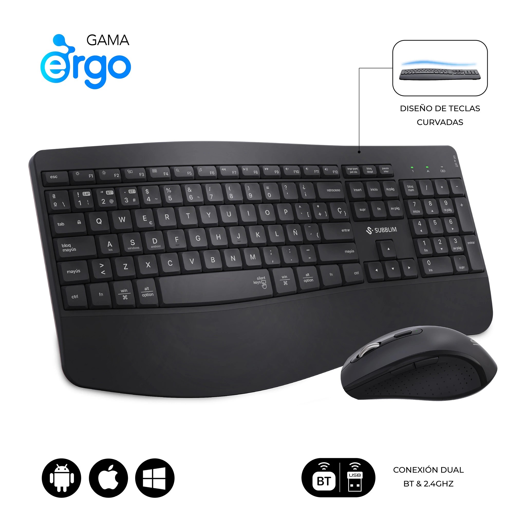 SUBBLIM SUBKBC-DCOPW2 Tastiera Mouse Incluso Casa/ufficio RF Senza Fili + Bluetooth QWERTY Spagnolo Nero