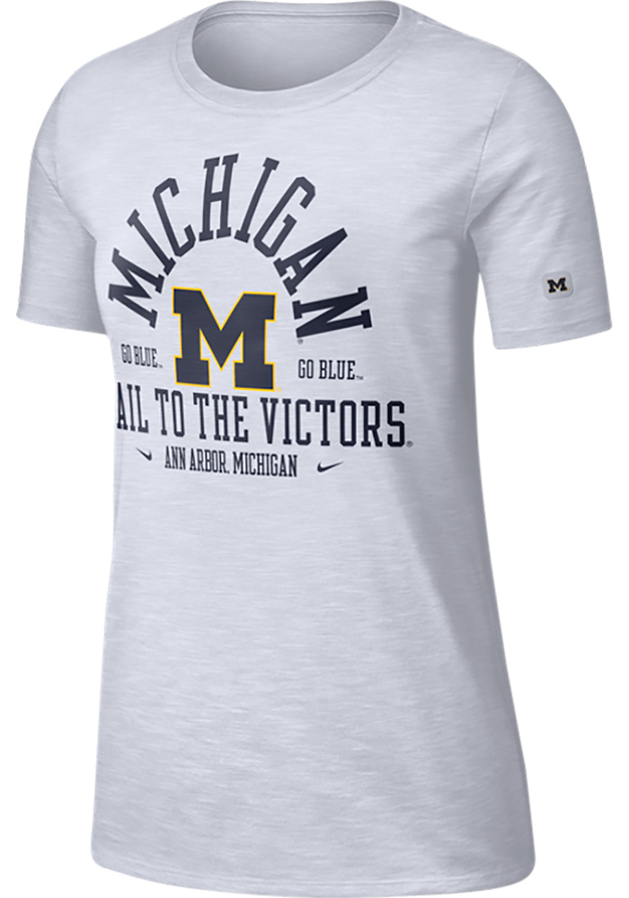 Nike Michigan Wolverines Womens White Dri-FIT Slub Crew Neck Short Sleeve T-Shirt, White, 65% COTTON / 35% POLYESTER, Size M
