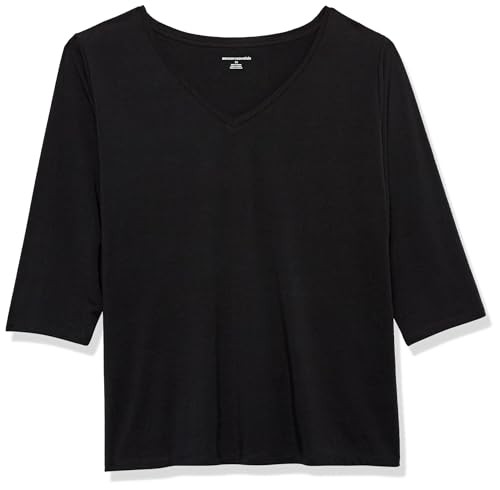 Amazon Essentials Women's Regular-Fit 3/4 Sleeve V-Neck T-Shirt (Available in Plus Size), Pack of 2, Black, 1X