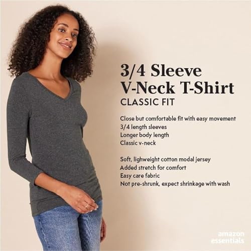 Amazon Essentials Women's Regular-Fit 3/4 Sleeve V-Neck T-Shirt (Available in Plus Size), Pack of 2, Black, 1X thumbnail