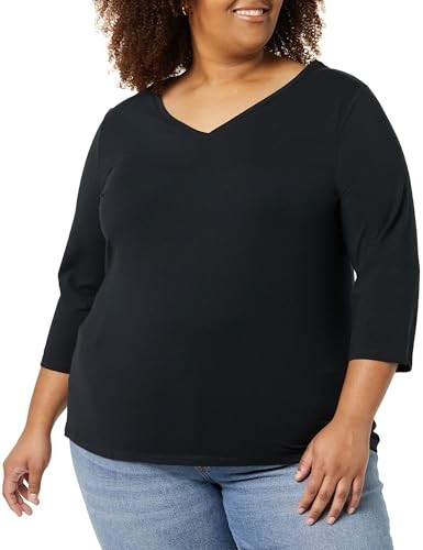 Amazon Essentials Women's Regular-Fit 3/4 Sleeve V-Neck T-Shirt (Available in Plus Size), Pack of 2, Black, 1X thumbnail