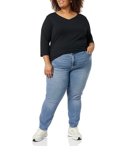 Amazon Essentials Women's Regular-Fit 3/4 Sleeve V-Neck T-Shirt (Available in Plus Size), Pack of 2, Black, 1X thumbnail
