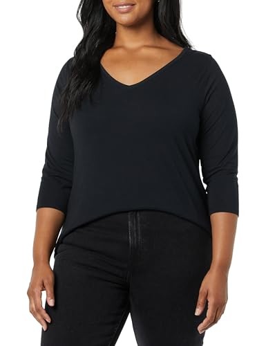 Amazon Essentials Women's Regular-Fit 3/4 Sleeve V-Neck T-Shirt (Available in Plus Size), Pack of 2, Black, 1X thumbnail