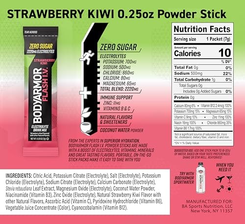 BODYARMOR Flash IV Electrolyte Packets, Strawberry Kiwi - Zero Sugar Drink Mix, Single Serve Packs, Coconut Water Powder (6 Count) thumbnail