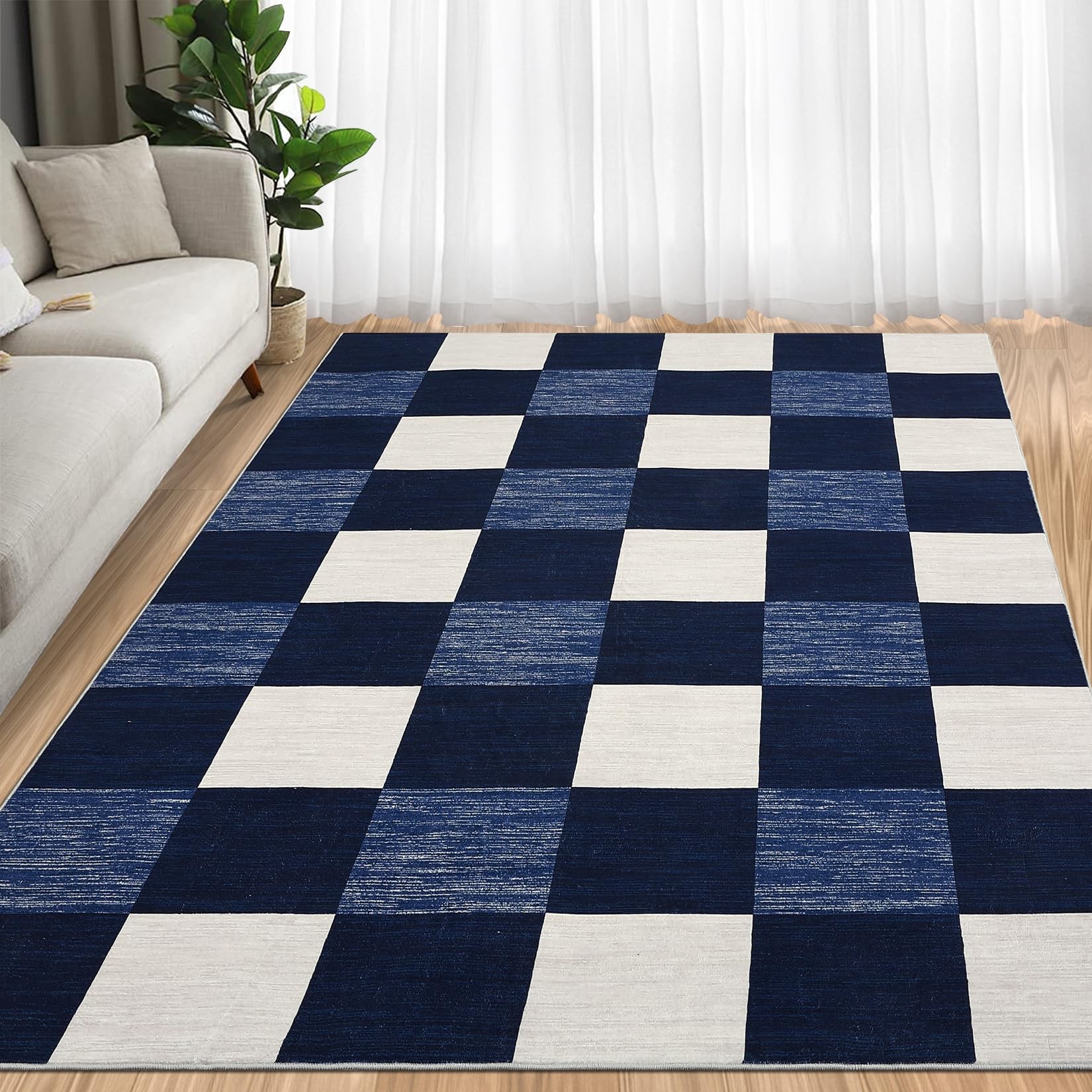Garvee Buffalo Plaid Rug 9 X 12 Washable Rugs, Navy Blue & Cream Checkered Rug, Indoor Check Large Area Rugs for Living Room/Dining Room/Bedroom/Farmh