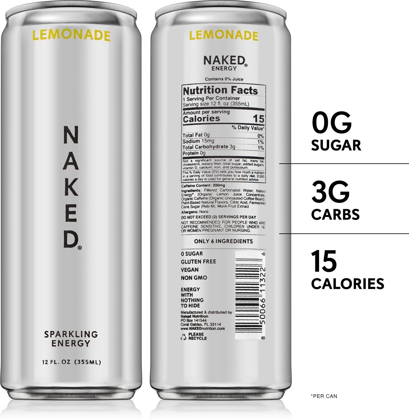 Lemonade Naked Sparkling Energy | Clean Energy Drink - 12 Cans thumbnail