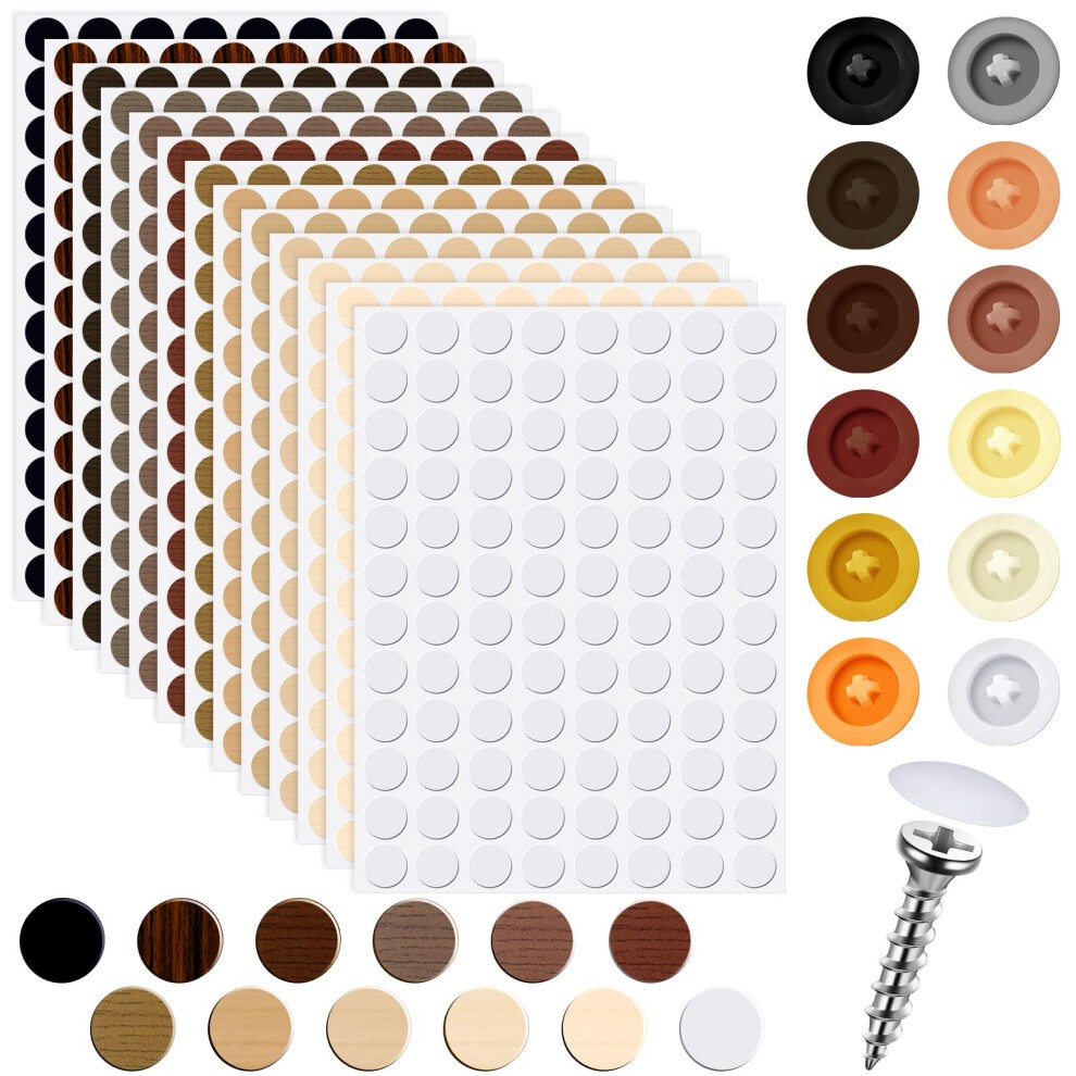 1152 Pcs Self Adhesive Screw Covers Screw Hole Stickers and 120 Pcs Screw Caps Screw Covers Waterproof Self Tapping Plastic Screw Cap Covers for Wood