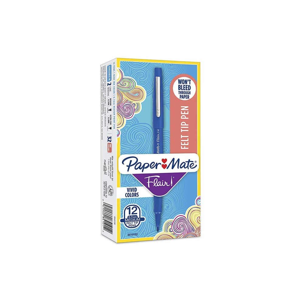 Paper Mate Flair Felt Tip Pens  0.7mm  Medium Point  12-Count (Blue)