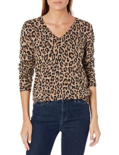 Amazon Essentials Women's Regular-Fit Lightweight Long-Sleeve V-Neck Sweater (Available in Plus Size), Camel Leopard, XX-Large